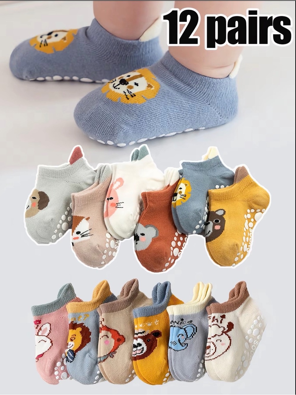 Toddler Non Slip Grip Socks 12 Pack Baby Socks 1-3T Animal Design